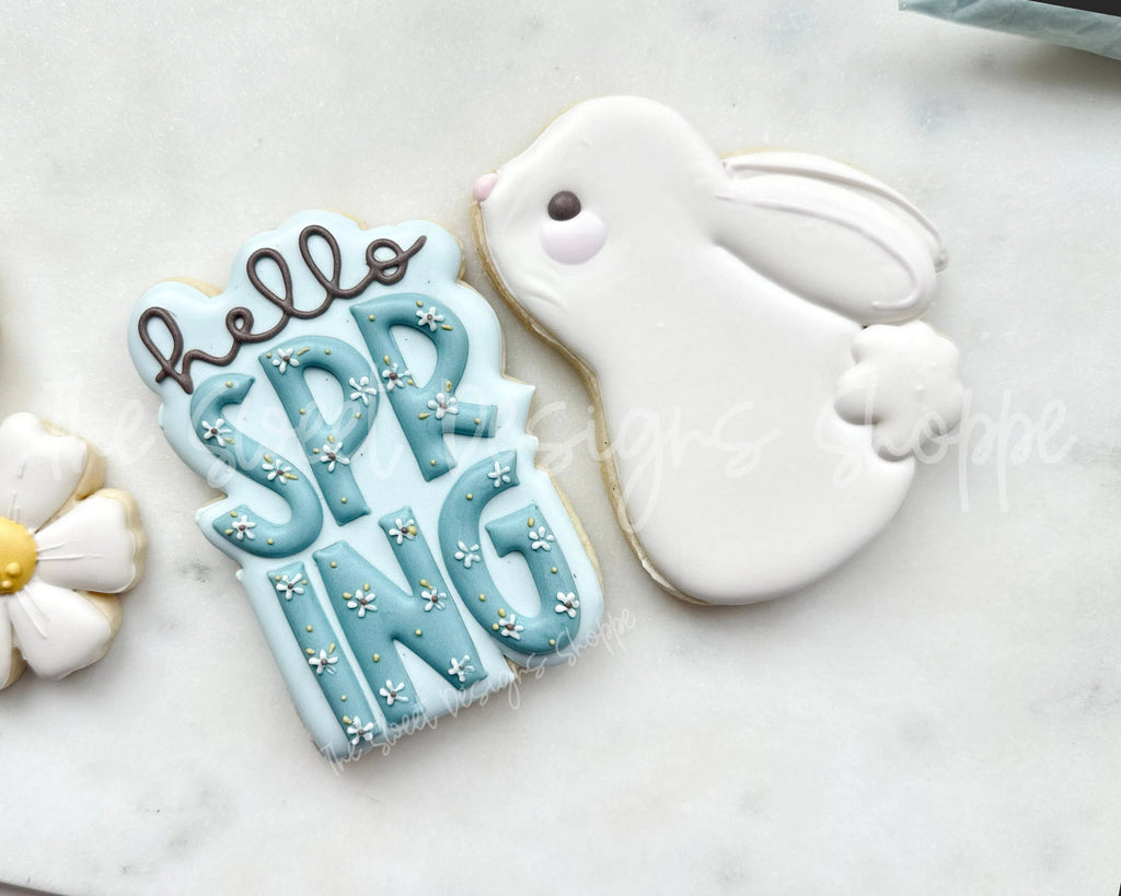 Cookie Cutters - hello SPRING Plaque & Bunny Looking Up Cookie Cutter Set - Set of 2 - Cookie Cutters - Sweet Designs Shoppe - - ALL, Animal, Animals, Animals and Insects, Cookie Cutter, Easter, Easter / Spring, Mini Sets, Plaque, Plaques, PLAQUES HANDLETTERING, Promocode, regular sets, set