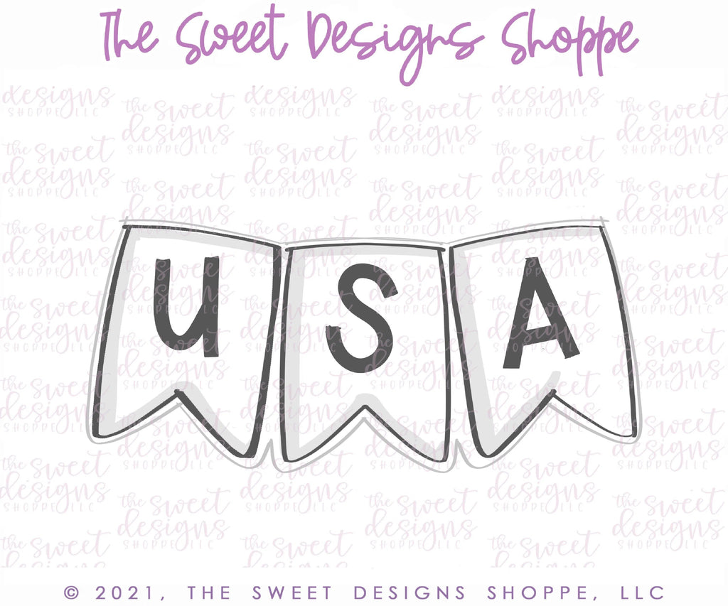 Cookie Cutters - USA Simple Bunting - Plaque - Cookie Cutter - Sweet Designs Shoppe - - 4th, 4th july, 4th of July, ALL, BasicShapes, Birthday, Bunting, Cookie Cutter, Misc, Miscelaneous, Miscellaneous, MOM, Mom Plaque, mother, Mothers Day, patriotic, Plaque, Plaques, PLAQUES HANDLETTERING, Promocode, USA