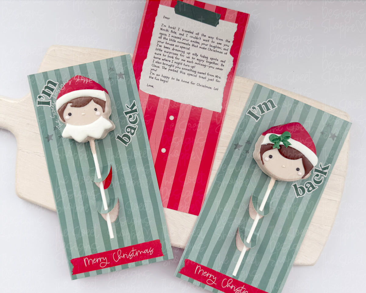Cake Pop Holder Card - Cake Pop Holder Card: "I'm back - Elf" - Size: 4"x 8" - Set of 25 - Sturdy Card Stock (Heavyweight 18pt) - The Sweet Designs Shoppe - TSDS - - ALL,Cake Pop Card,Cake Pop Holder Card,Cake Pop Packaging Card,Christmas,Christmas / Winter,new,Popper,Promocode