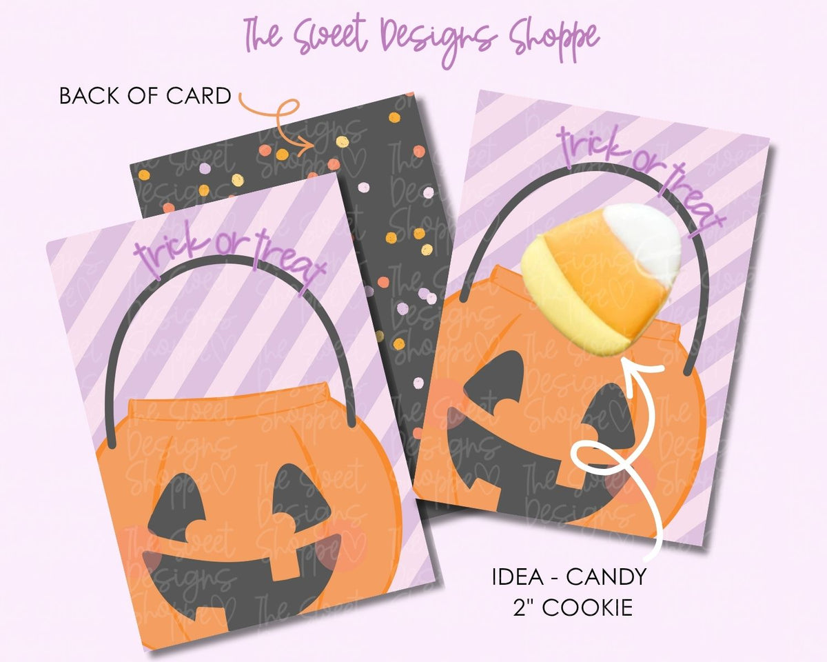 Cookie Card - Cookie Card : "Pumpkin Candy Bucket - Trick or Treat" - Size: 3.5" x 5" - Set of 25 - Sturdy Card Stock (Heavyweight 18pt ) - The Sweet Designs Shoppe - TSDS - - ALL,Cookie Card,halloween,Promocode