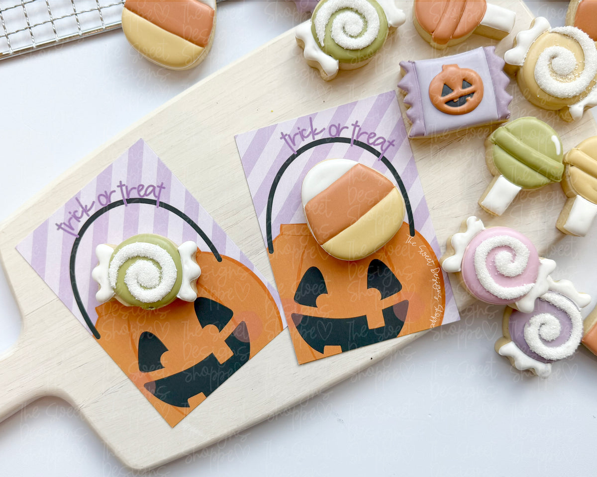 Cookie Card - Cookie Card : "Pumpkin Candy Bucket - Trick or Treat" - Size: 3.5" x 5" - Set of 25 - Sturdy Card Stock (Heavyweight 18pt ) - The Sweet Designs Shoppe - TSDS - - ALL,Cookie Card,halloween,Promocode