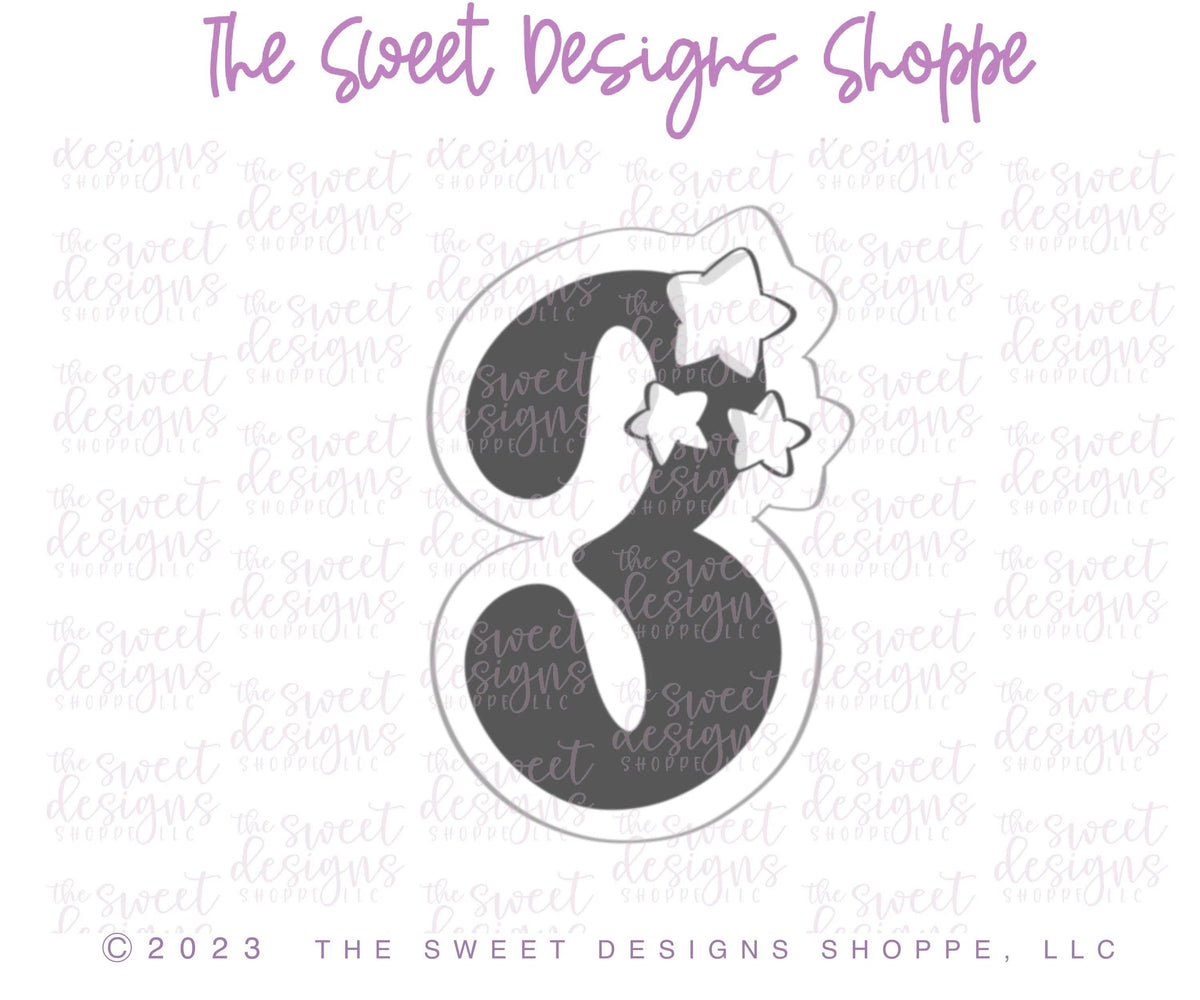 Cookie Cutters - 3 with Stars - Cookie Cutter - The Sweet Designs Shoppe - TSDS - - ALL,Birthday,Cookie Cutter,Font,Fonts,kid,kids,Lettering,letters and numbers,number,numbers,NumberSet,Promocode,Series021,STL,text