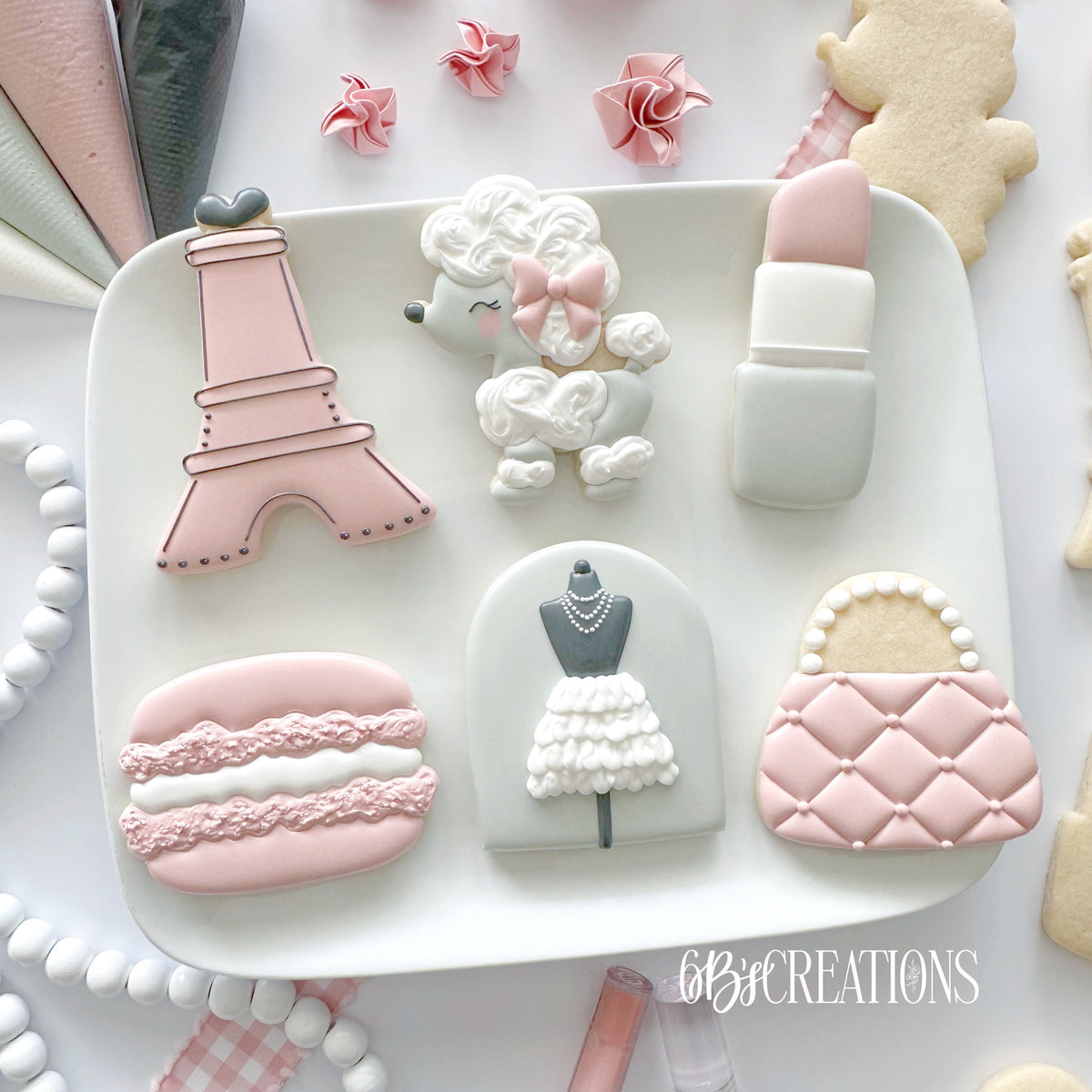 Cookie Cutters - 6 B's Creations: Teaching Partners Class - Paris Love - Set of 6 Mid Size Cookie Cutters - Online Class not included - The Sweet Designs Shoppe - TSDS - - 6b,6bs,6bscreations,ALL,Brittany Geil,Cookie Cutter,eiffel tower,French couture,geil,macaron,Macaroon,macaroon001,online,Paris,Poodle,Promocode,set,STL,valentine,Valentines,Valentines set