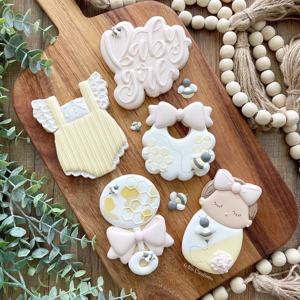 Cookie Cutters - 6B's Creations “Baby Girl” Class Cookie Cutters Set - Set of 5 Cookie Cutters - Online Class not included. - The Sweet Designs Shoppe - TSDS - - 6b,6bs,6bscreations,ALL,Baby,Baby / Kids,Baby Bib,Baby Dress,baby girl,baby rattle,baby shower,Baby Swaddle,Brittany Geil,class,Cookie Cutter,geil,Onesie,online,onsie,Promocode,set,sets,STL