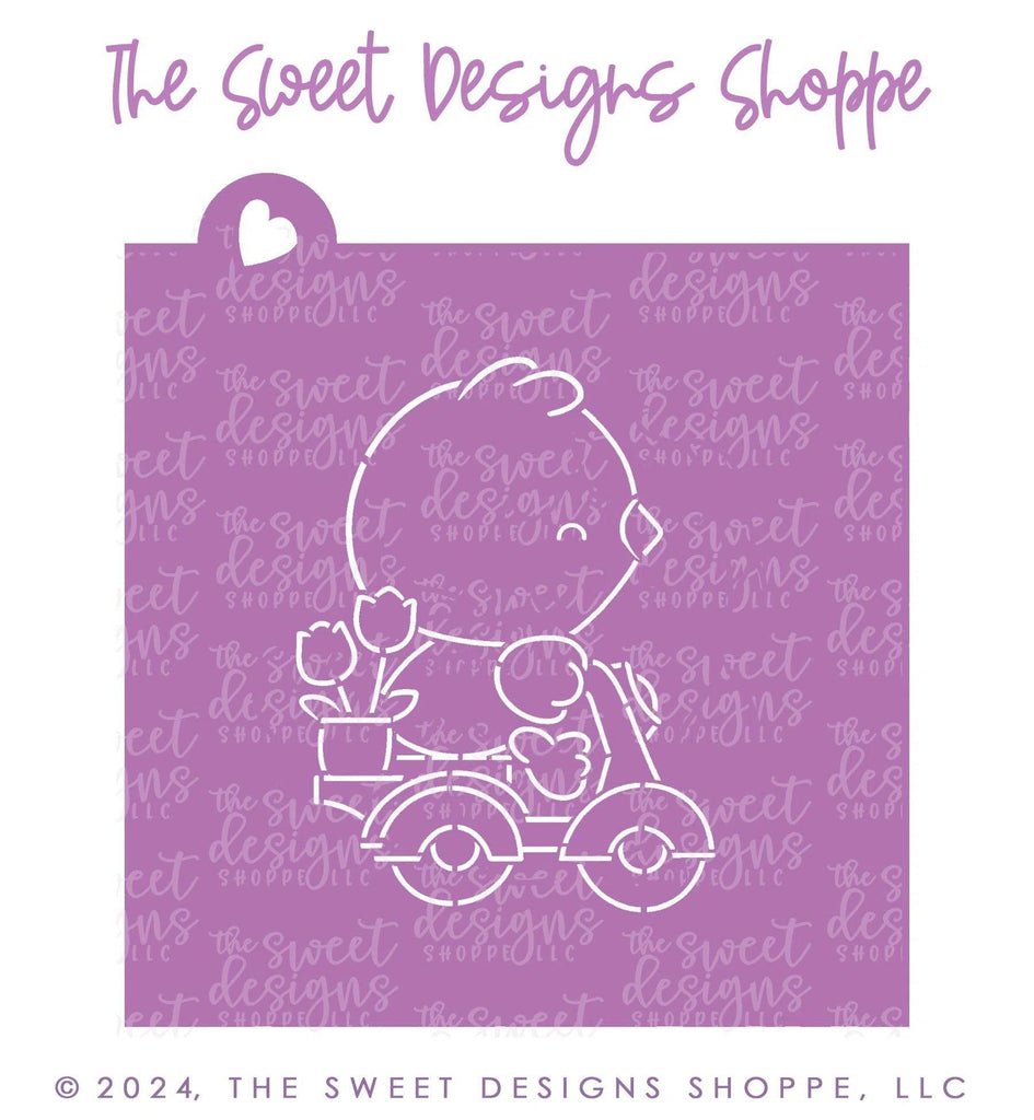 Cookie Cutters and Stencils - Bundle - PYOC Chick on Bike - Cookie Cutter & Stencil - The Sweet Designs Shoppe - TSDS - - ALL,Animal,Animals,Animals and Insects,Bundle,Bundles,Easter,Easter / Spring,Promocode,PYO,PYOC Cutter-Stencil