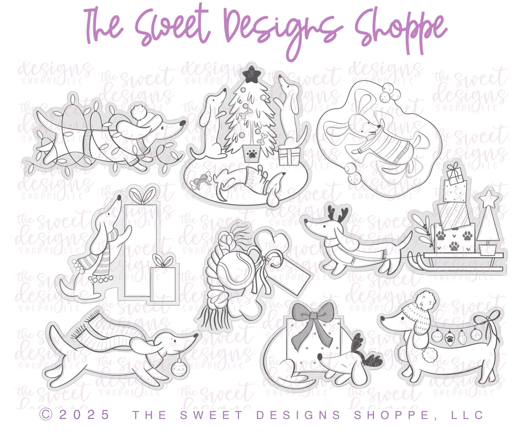 Cookie Cutters - Be Still Bakery Class Cookie Cutters - Walking in a Weenie Wonderland - Set of 9 Cookie Cutters - Online Class not Included - The Sweet Designs Shoppe - TSDS - - ALL,Animals,be still bakery,bestillbakery,Christmas,Christmas / Winter,Christmas Cookies,Cookie Cutter,dachshund,Hamer,Megan Hamer,new,online,Promocode,set,sets,STL,Winter,Winter classes