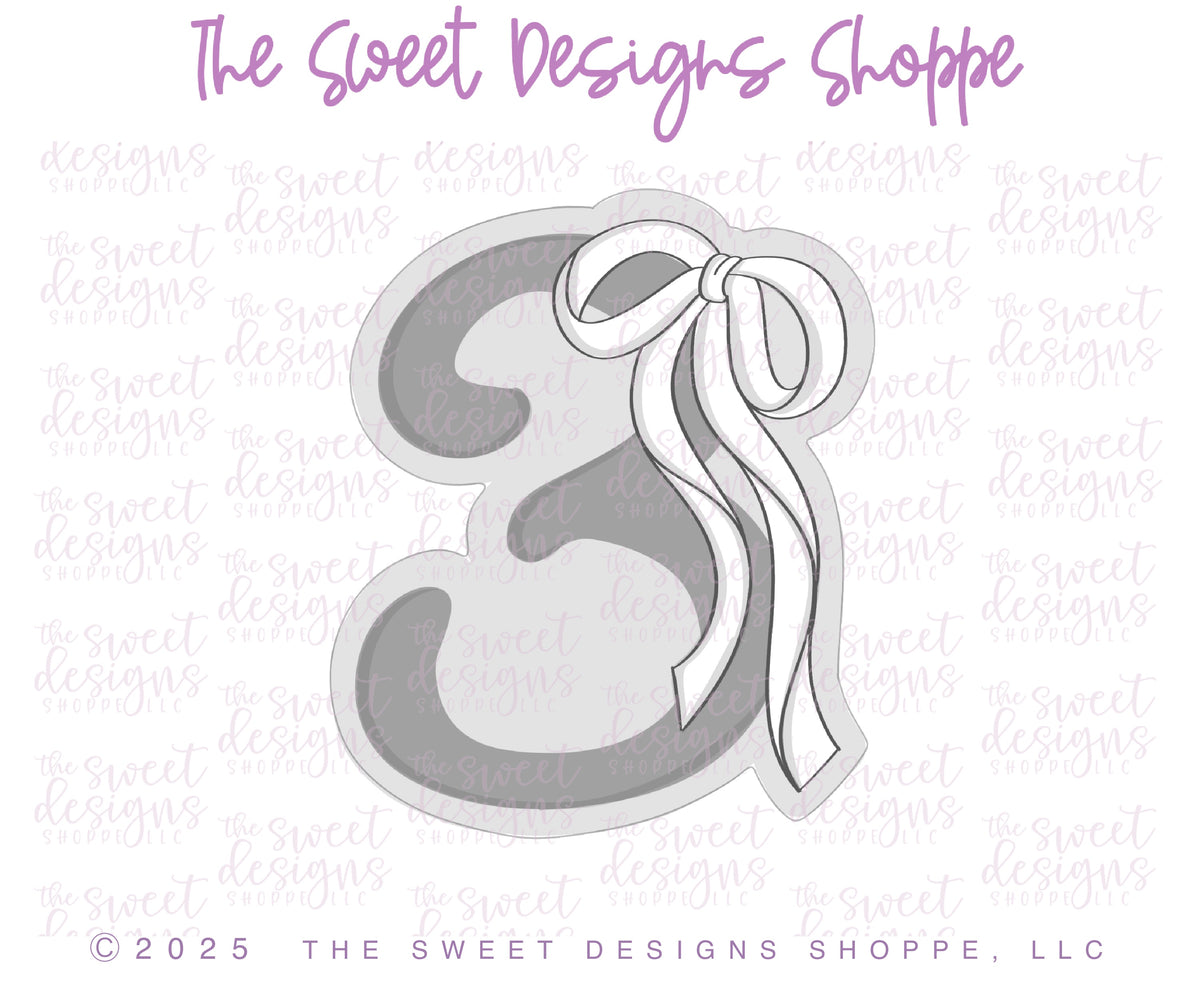 Cookie Cutters - Bow-tiful Three - Cookie Cutter - The Sweet Designs Shoppe - TSDS - - 3,ALL,Beautiful,Birthday,Cookie Cutter,Font,Fonts,kid,kids,Lettering,letters and numbers,number,numbers,NumberSet,Promocode,Series25,STL,text