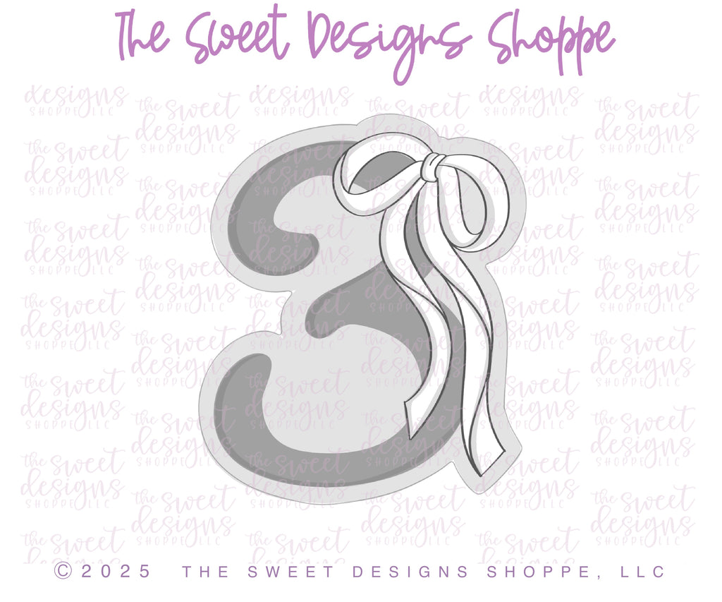 Cookie Cutters - Bow-tiful Three - Cookie Cutter - The Sweet Designs Shoppe - - 3,ALL,Beautiful,Birthday,Cookie Cutter,Font,Fonts,kid,kids,Lettering,letters and numbers,new,number,numbers,NumberSet,Promocode,Series25,STL,text