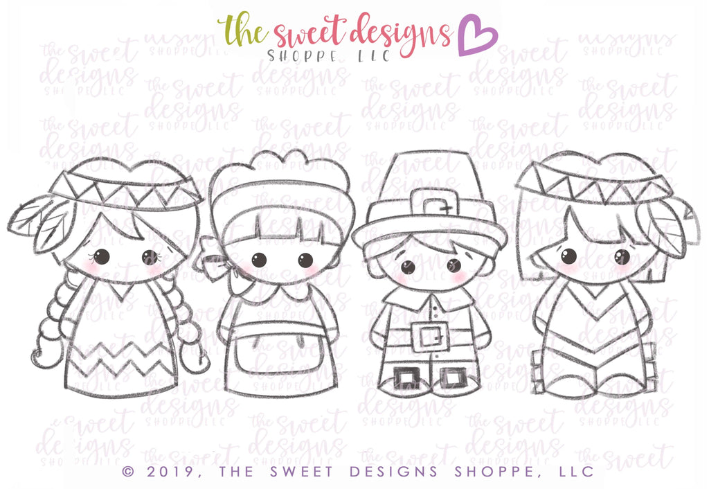 Cookie Cutters - Boy / Girl Natives and Pilgrims - Regular Size Set - Cookie Cutters - The Sweet Designs Shoppe - TSDS - - ALL,Cookie Cutter,Fall / Halloween,Fall / Thanksgiving,Halloween,Halloween set,Halloween Sets,Promocode,regular sets,set