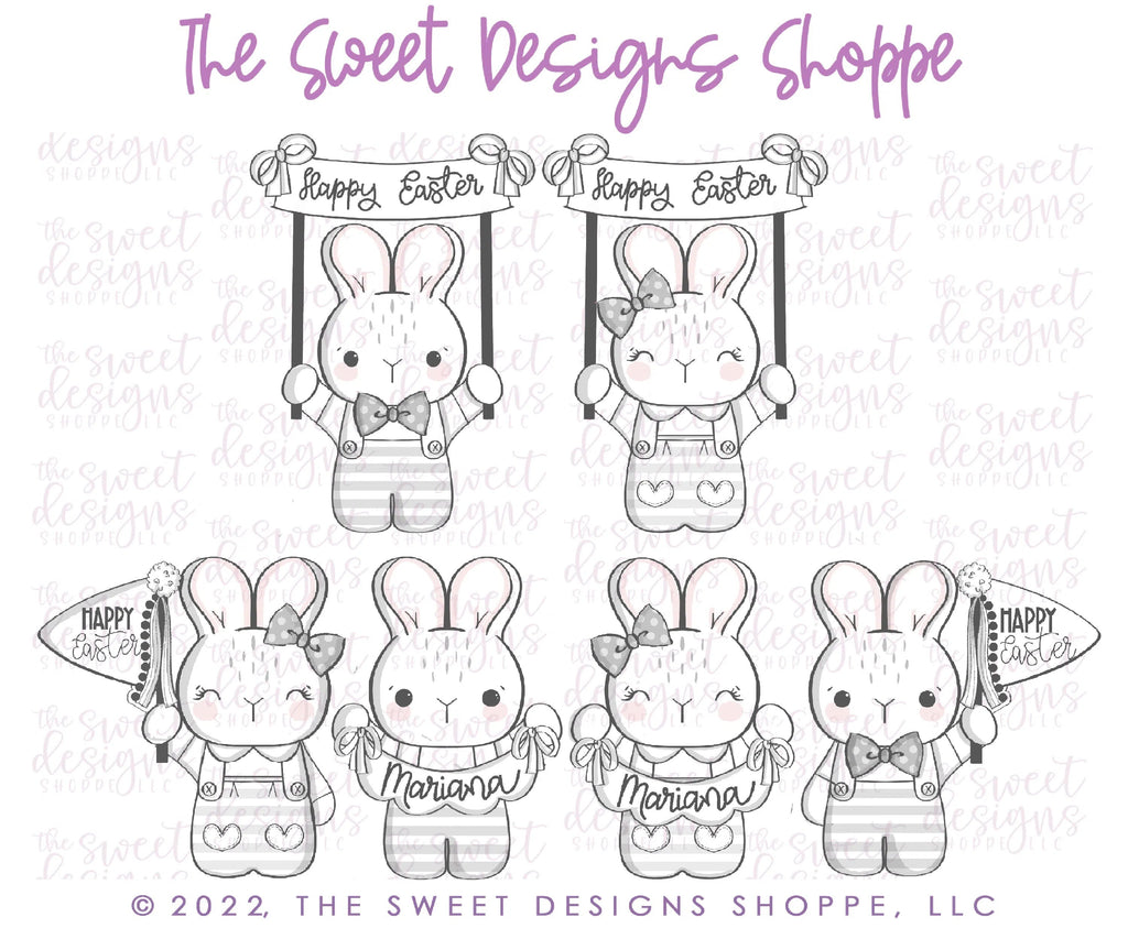 Cookie Cutters - Bunny & Girly Bunny with Banner, Bunting and Flag Set - Set of 5 - Cookie Cutters - Sweet Designs Shoppe - - ALL, bunny, Cookie Cutter, Easter, Easter / Spring, Mini Sets, Promocode, regular sets, set
