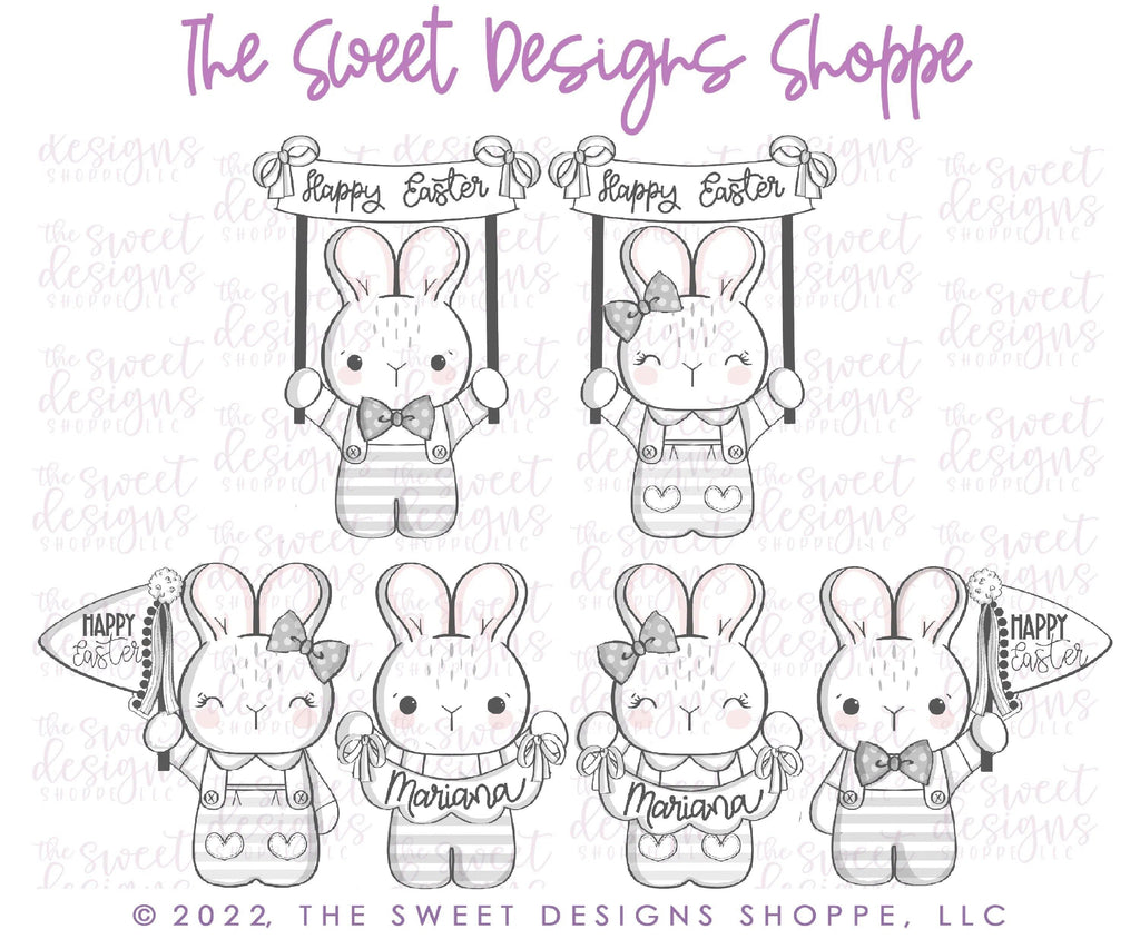 Cookie Cutters - Bunny & Girly Bunny with Banner, Bunting and Flag Set - Set of 5 - Cookie Cutters - The Sweet Designs Shoppe - TSDS - - ALL,bunny,Cookie Cutter,Easter,Easter / Spring,Mini Sets,Promocode,regular sets,set