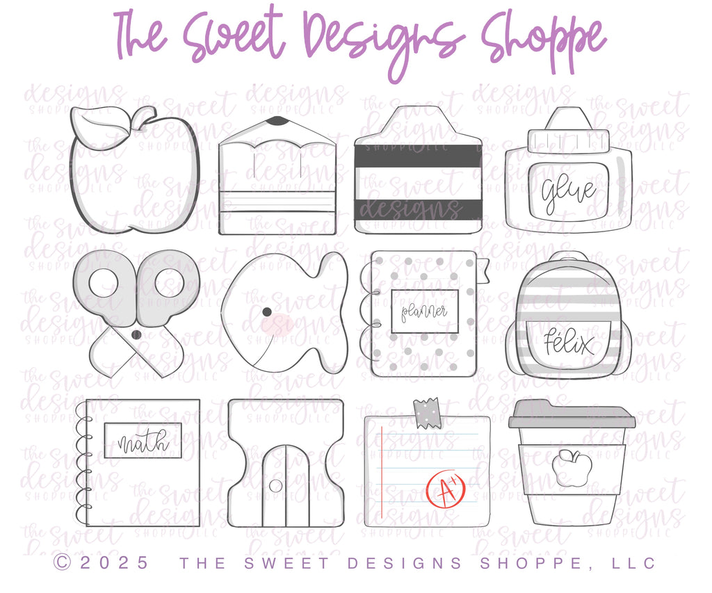 Cookie Cutters - Chunky Back to School Set - Cookie Cutters Set - Set of 12 - Cookie Cutters - The Sweet Designs Shoppe - TSDS - - ALL,back to school,Cookie Cutter,cookie cutters,homeschool,Mini Sets,Promocode,regular sets,School,School / Graduation,school supplies,set,STL