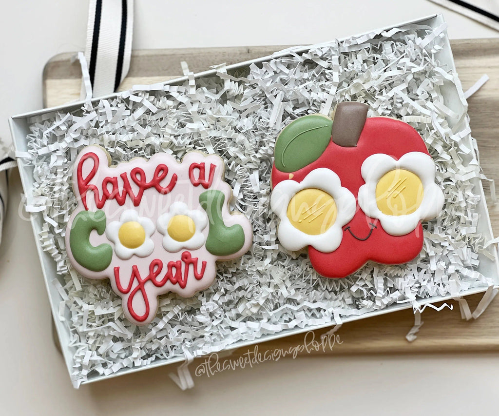 Cookie Cutters - COOL Year Plaque and Groovy Apple Set - 2 Piece Set - Cookie Cutters - The Sweet Designs Shoppe - - ALL, back to school, Cookie Cutter, handlettering, Mini Set, Mini Sets, Promocode, regular sets, School, School / Graduation, set, sets, Teacher, Teacher Appreciation, text