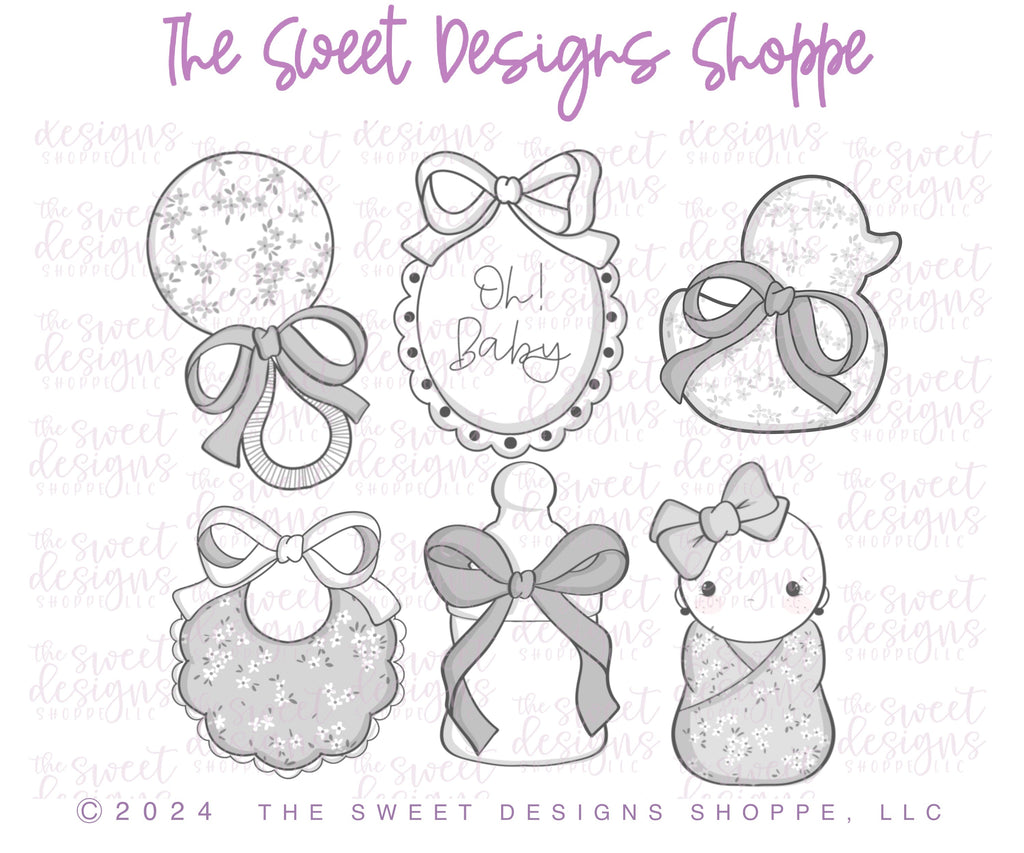 Cookie Cutters - Coquette Baby Cutter Set - Set of 6 Cookie Cutters - The Sweet Designs Shoppe - TSDS - - ALL,Baby,Baby Bib,Baby Bottle,Baby Boy,baby girl,baby rattle,baby shower,babyshower,Cookie Cutter,Mini Sets,Promocode,regular sets,set,STL