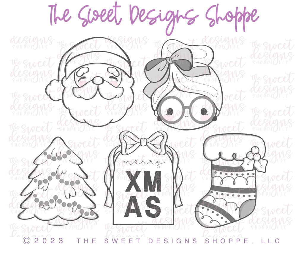 Cookie Cutters - Coquette Christmas Cookie Cutters Set - Set of 5 - Cookie Cutters - The Sweet Designs Shoppe - TSDS - - ALL,Christmas,Christmas / Winter,Christmas Cookies,Christmas Tree,claus,clause,Cookie Cutter,cookies for Santa,Mini Sets,Mrs Claus,MRS Clause,MrsClaus,MrsClausFace,Promocode,regular sets,Santa,Santa Claus,Santa Face,set,STL,Stocking,Tree,Trees