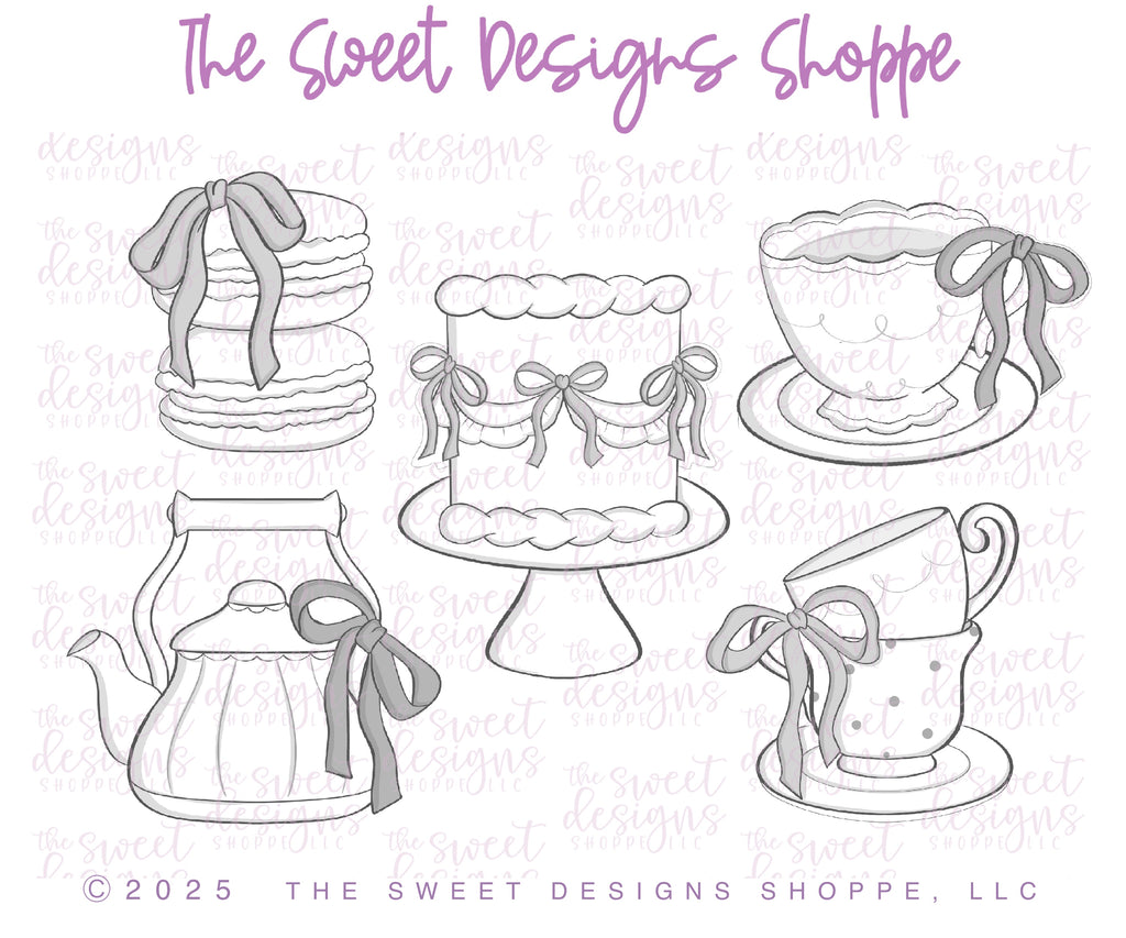 Cookie Cutters - Coquette Tea Party Set - Set of 5 - Cookie Cutters - The Sweet Designs Shoppe - TSDS - - ALL,Bridal,Bridal Shower,Cookie Cutter,Easter,Easter / Spring,Food & Beverages,Food and Beverage,Mini Sets,Promocode,regular sets,set,STL,tea