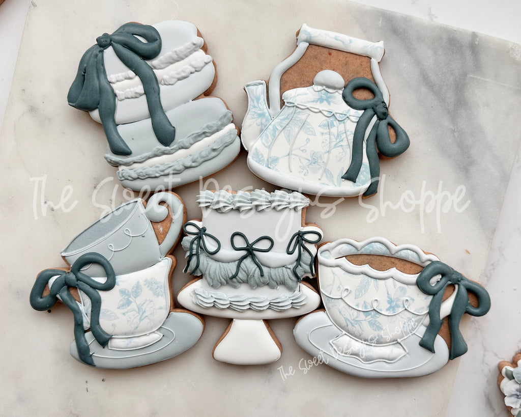 Cookie Cutters - Coquette Tea Party Set - Set of 5 - Cookie Cutters - The Sweet Designs Shoppe - TSDS - - ALL,Bridal,Bridal Shower,Cookie Cutter,Easter,Easter / Spring,Food & Beverages,Food and Beverage,Mini Sets,Promocode,regular sets,set,STL,tea