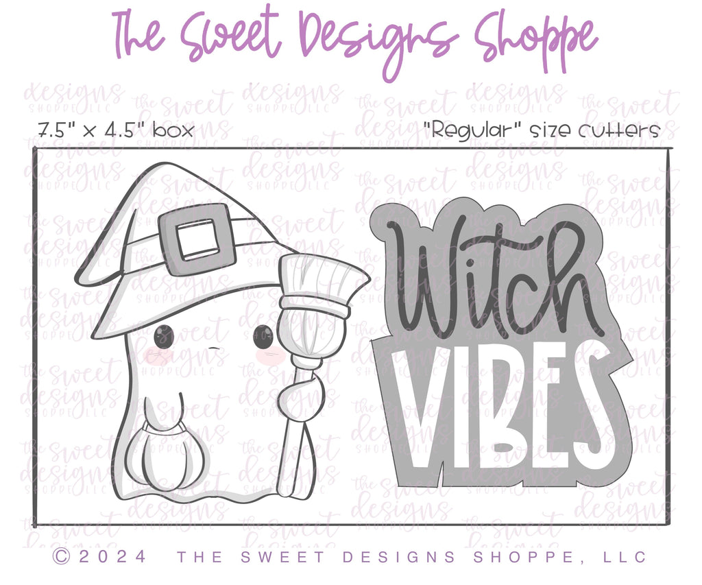 Cookie Cutters - Cute Witchy Ghost & Witch VIBES Cookie Cutter Set - Set of 2 - Cookie Cutters - The Sweet Designs Shoppe - - ALL, Cookie Cutter, halloween, Halloween set, Halloween Sets, Mini Sets, new, Plaque, Plaques, PLAQUES HANDLETTERING, Promocode, regular sets, set