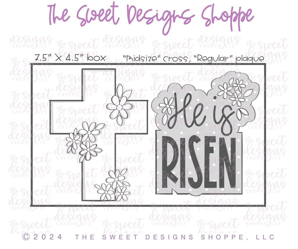 Cookie Cutters - Daisy Cross & He is Risen Daisy Plaque Cookie Cutters Set - Set of 2 - Cookie Cutters - The Sweet Designs Shoppe - Set of 2 Cutters - ( Cross009 MidSize & Plaque362 Regular) - ALL, Animal, Animals, Animals and Insects, bunny, Cookie Cutter, Easter, Easter / Spring, Mini Sets, Promocode, regular sets, set