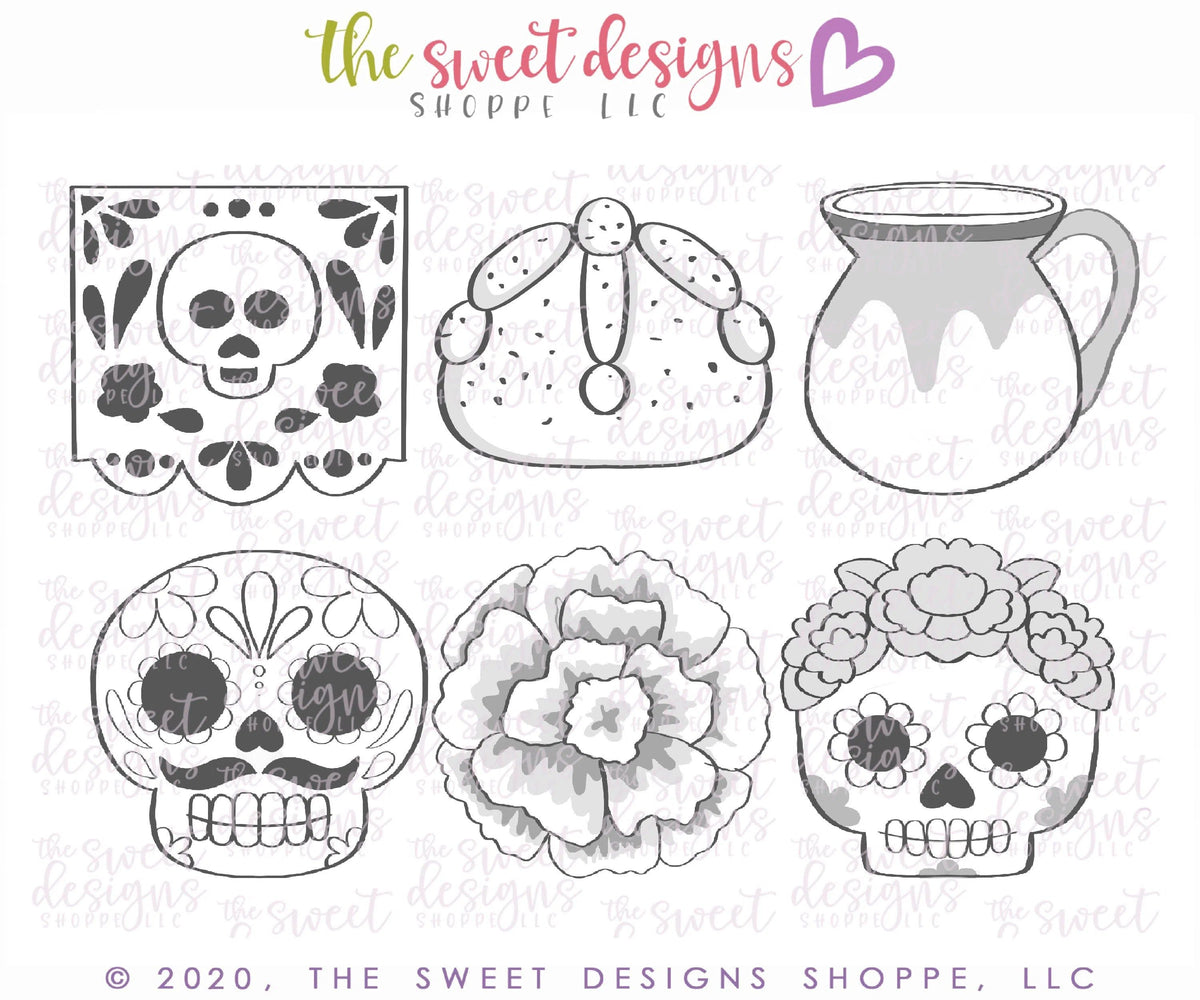 Cookie Cutters - Dia de Muertos Set - Cookie Cutters - The Sweet Designs Shoppe - TSDS - - ALL,Cookie Cutter,Day of the dead,Day of the Death,dia de los muertos,dia de muertos,halloween,Halloween set,Halloween Sets,Mexico,Mini Sets,Promocode,regular sets,set,STL
