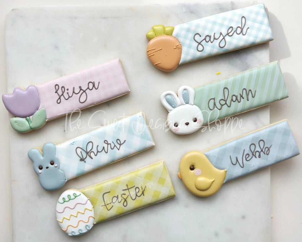 Cookie Cutters - Easter Name Tags Set - Set of 6 Cookie Cutters - Sweet Designs Shoppe - Set of 6 - One Size (2" Tall x 5-1/2" Wide) - ALL, Animal, Animals, Animals and Insects, Cookie Cutter, Easter, Easter / Spring, Mini Sets, Plaque, Plaques, PLAQUES HANDLETTERING, Promocode, regular sets, set