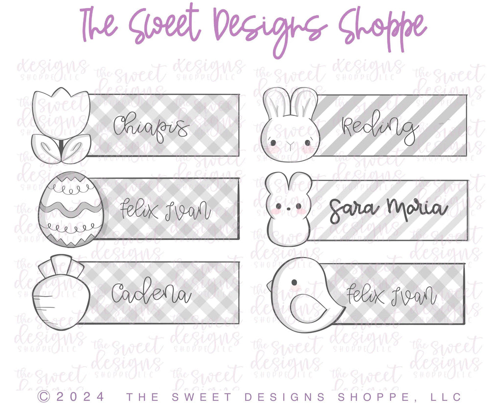 Cookie Cutters - Easter Name Tags Set - Set of 6 Cookie Cutters - Sweet Designs Shoppe - Set of 6 - One Size (2" Tall x 5-1/2" Wide) - ALL, Animal, Animals, Animals and Insects, Cookie Cutter, Easter, Easter / Spring, Mini Sets, Plaque, Plaques, PLAQUES HANDLETTERING, Promocode, regular sets, set