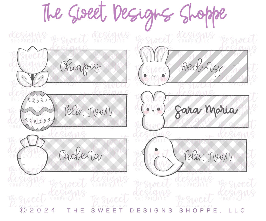 Cookie Cutters - Easter Name Tags Set - Set of 6 Cookie Cutters - The Sweet Designs Shoppe - Set of 6 - One Size (2" Tall x 5-1/2" Wide) - ALL, Animal, Animals, Animals and Insects, Cookie Cutter, Easter, Easter / Spring, Mini Sets, Plaque, Plaques, PLAQUES HANDLETTERING, Promocode, regular sets, set