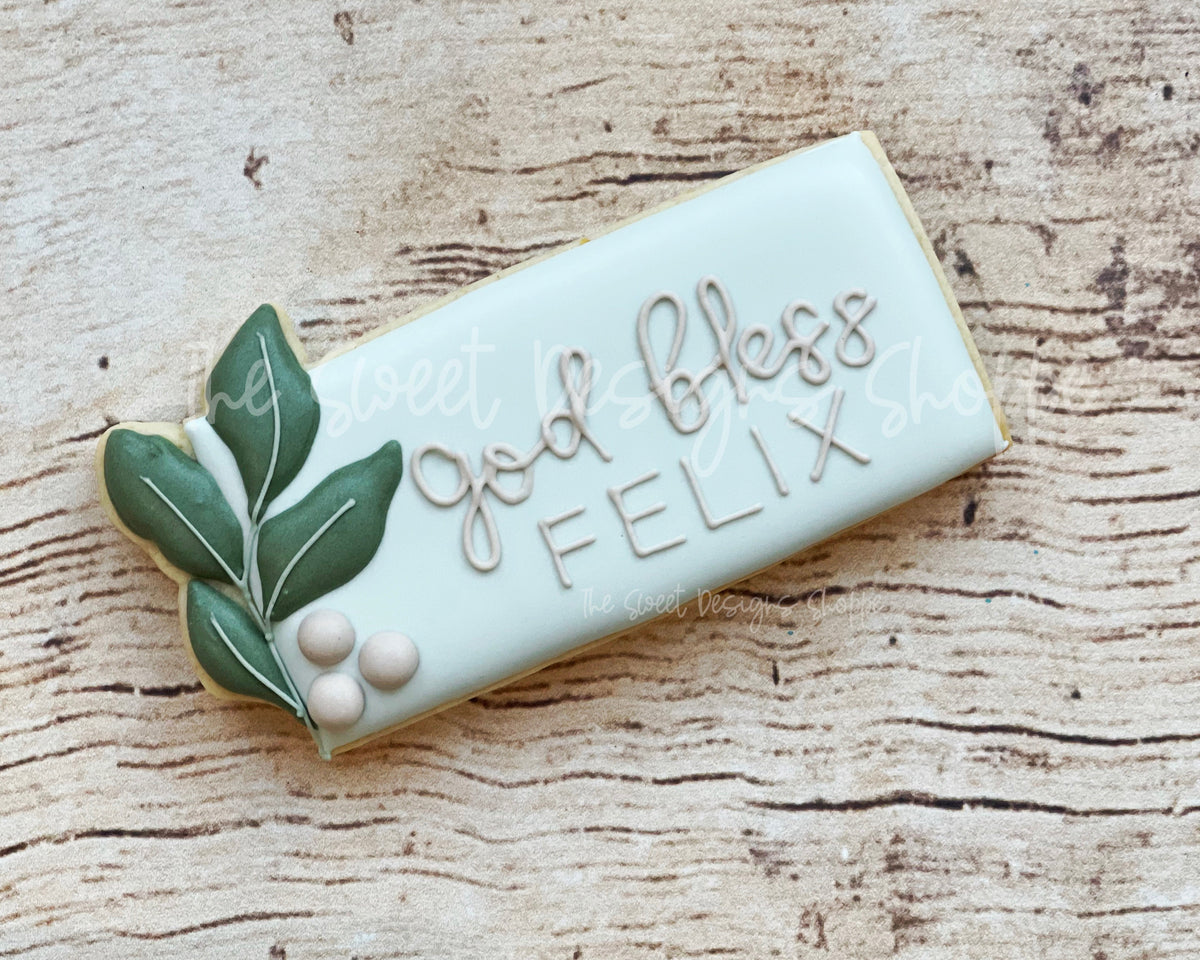 Cookie Cutters - Eucalyptus Long Felix Plaque - Cookie Cutter - The Sweet Designs Shoppe - TSDS - - ALL,Cookie Cutter,First Communion,handlettering,Plaque,Plaques,PLAQUES HANDLETTERING,Promocode,Religious,Wedding,Wedding Favors
