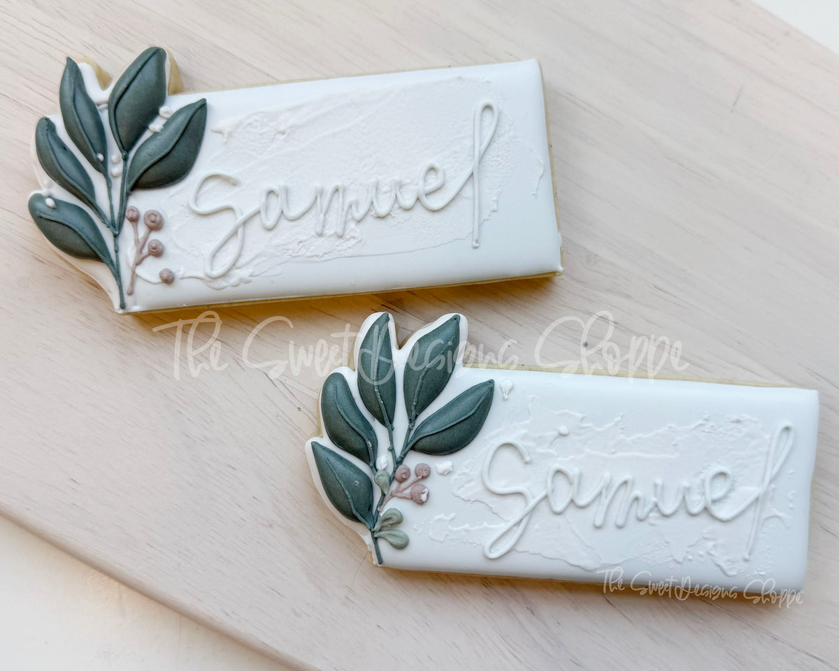 Cookie Cutters - Eucalyptus Long Samuel Plaque - Cookie Cutter - The Sweet Designs Shoppe - TSDS - - ALL,Cookie Cutter,First Communion,handlettering,Plaque,Plaques,PLAQUES HANDLETTERING,Promocode,Religious,STL,Wedding,Wedding Favors