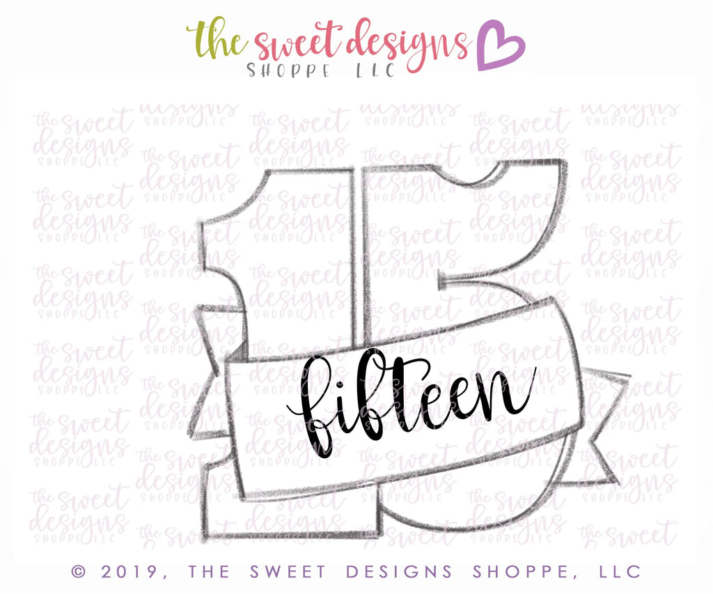 Cookie Cutters - Fifteen with Ribbon - Cookie Cutter - The Sweet Designs Shoppe - - 15, Accesories, ALL, Birthday, Cookie Cutter, fifteen, Fonts, kids, Lettering, letters and numbers, number, Promocode, quince