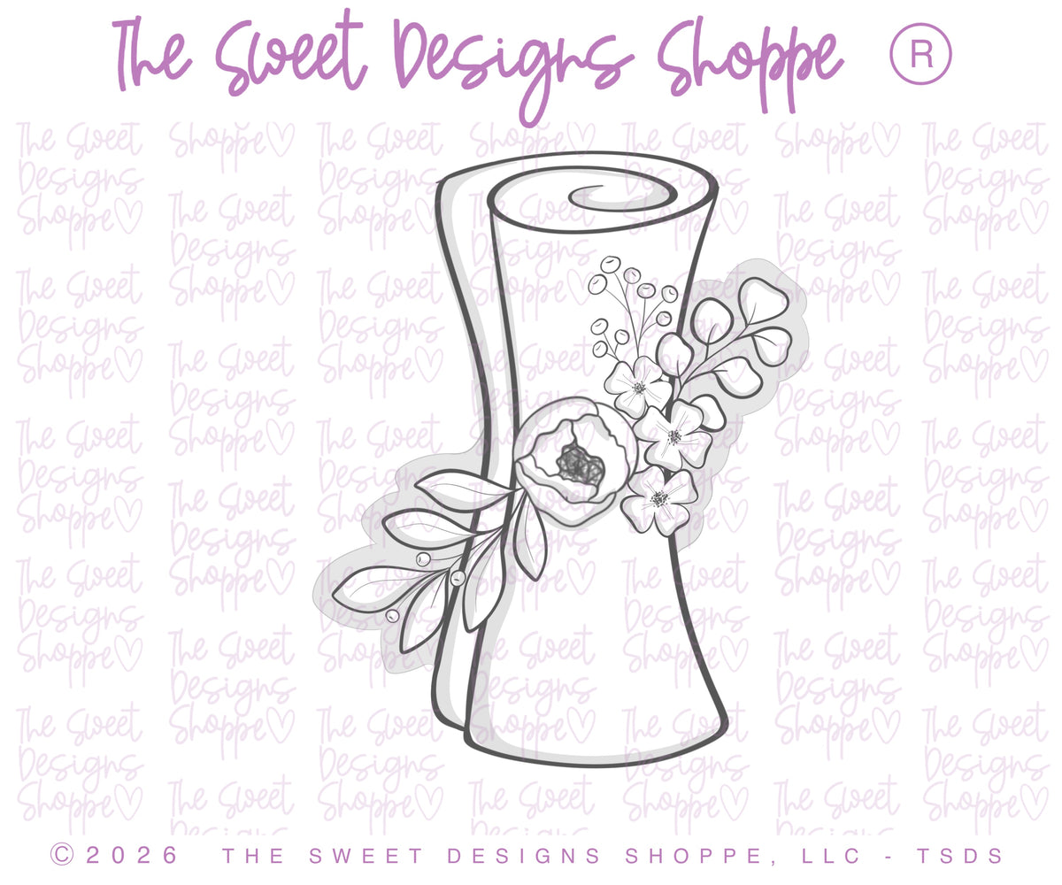 Cookie Cutters - Floral Diploma - Cookie Cutter - The Sweet Designs Shoppe - TSDS - - ALL,award,back to school,Cookie Cutter,diploma,floral diploma,Grad,Graduation,graduations,new sets,Promocode,School,School / Graduation,school supplies,STL