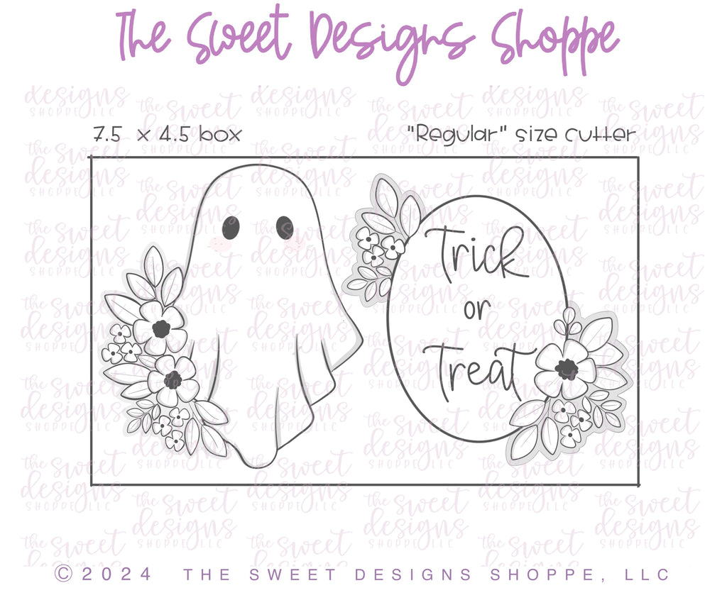 Cookie Cutters - Floral Ghost & Trick or Treat Plaque Cookie Cutter Set - Set of 2 - Cookie Cutters - The Sweet Designs Shoppe - TSDS - - ALL,Cookie Cutter,halloween,Halloween set,Halloween Sets,Mini Sets,Plaque,Plaques,PLAQUES HANDLETTERING,Promocode,regular sets,set,STL