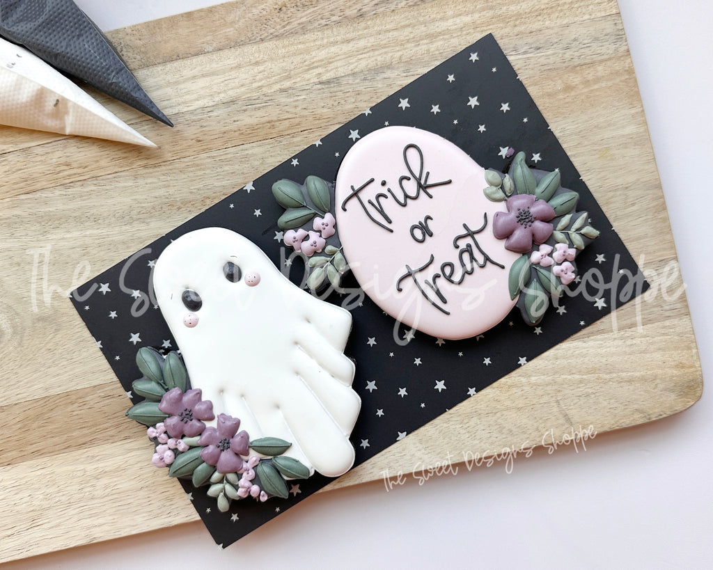 Cookie Cutters - Floral Ghost & Trick or Treat Plaque Cookie Cutter Set - Set of 2 - Cookie Cutters - The Sweet Designs Shoppe - TSDS - - ALL,Cookie Cutter,halloween,Halloween set,Halloween Sets,Mini Sets,Plaque,Plaques,PLAQUES HANDLETTERING,Promocode,regular sets,set,STL