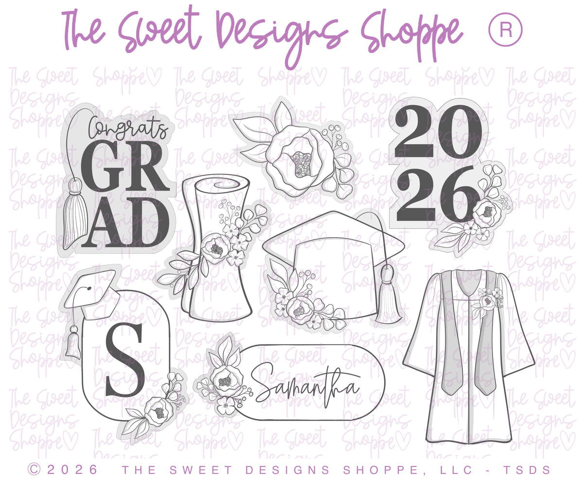 Cookie Cutters - Floral Graduation Set - Set of 8 - Cookie Cutters - The Sweet Designs Shoppe - TSDS - - ALL,Cookie Cutter,floral,floral cap,floral diploma,floral grad cap,floral grad year plaque,Floral Narrow Oval Plaque,floral narrow oval plaque with grad cap,florals,Graduation,graduations,Promocode,regular sets,School / Graduation,set,STL