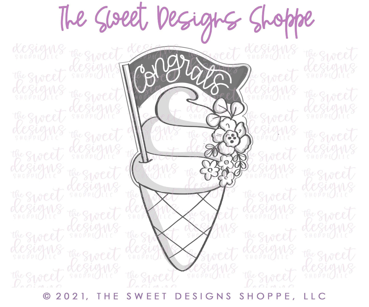 Cookie Cutters - Floral Ice Cream with Flag - Cookie Cutter - The Sweet Designs Shoppe - TSDS - - ALL,Birthday,cone,Cookie Cutter,icecream,kid,kids,Promocode,STL,Sweet,Sweets