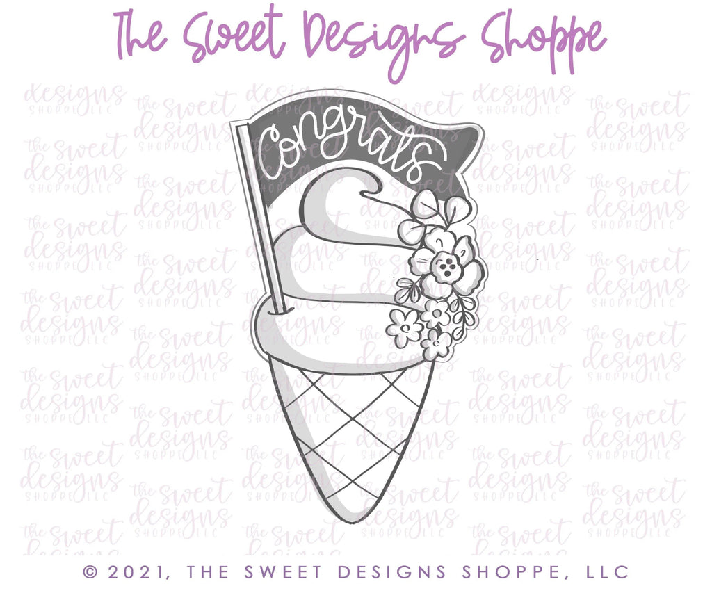 Cookie Cutters - Floral Ice Cream with Flag - Cookie Cutter - The Sweet Designs Shoppe - TSDS - - ALL,Birthday,cone,Cookie Cutter,icecream,kid,kids,Promocode,Sweet,Sweets