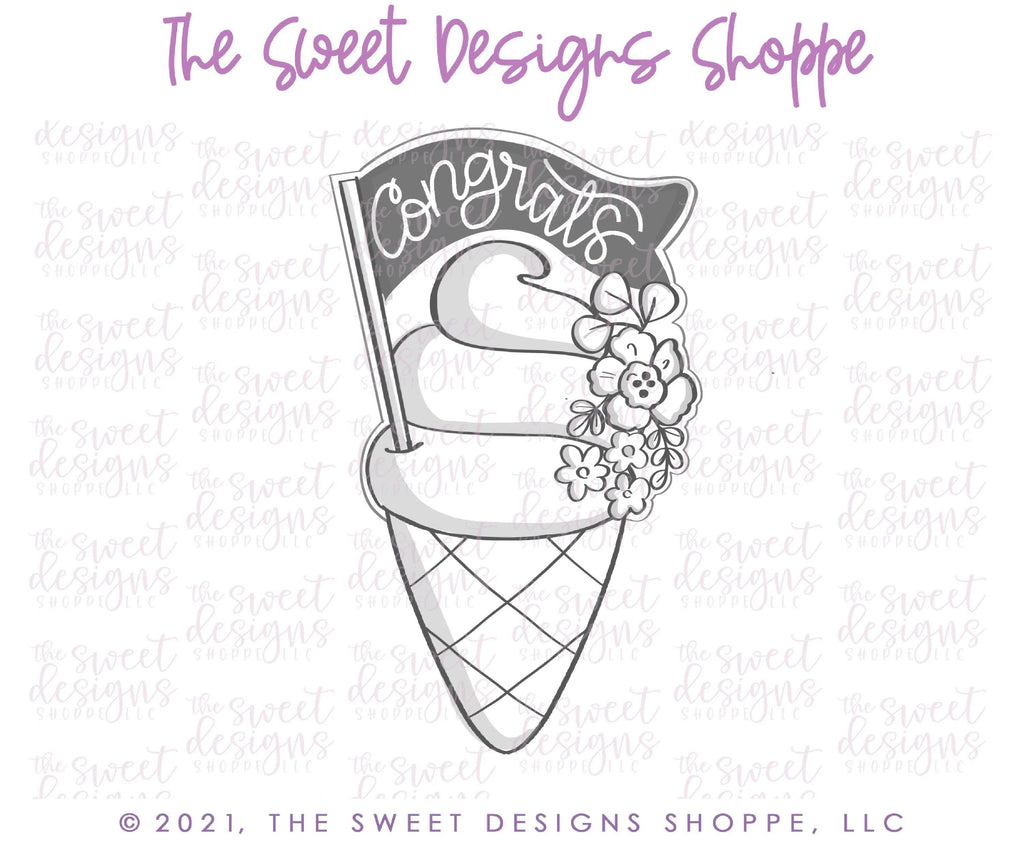 Cookie Cutters - Floral Ice Cream with Flag - Cookie Cutter - The Sweet Designs Shoppe - - ALL, Birthday, cone, Cookie Cutter, icecream, kid, kids, Promocode, Sweet, Sweets