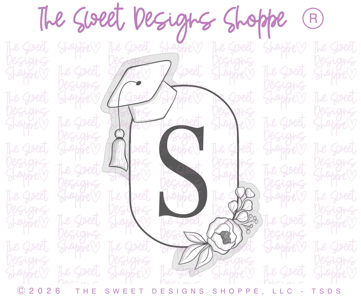 Cookie Cutters - Floral Narrow Oval Plaque with Grad Cap - Cookie Cutter - The Sweet Designs Shoppe - TSDS - - ALL,award,back to school,Cookie Cutter,diploma,floral narrow oval plaque with grad cap,Grad,Graduation,graduations,handlettering,mothers,Plaque,Plaques,Promocode,School,School / Graduation,school supplies,STL