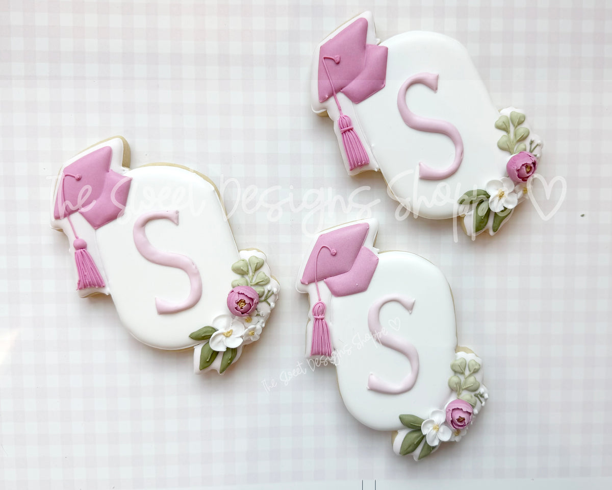 Cookie Cutters - Floral Narrow Oval Plaque with Grad Cap - Cookie Cutter - The Sweet Designs Shoppe - TSDS - - ALL,award,back to school,Cookie Cutter,diploma,floral narrow oval plaque with grad cap,Grad,Graduation,graduations,handlettering,mothers,Plaque,Plaques,Promocode,School,School / Graduation,school supplies,STL