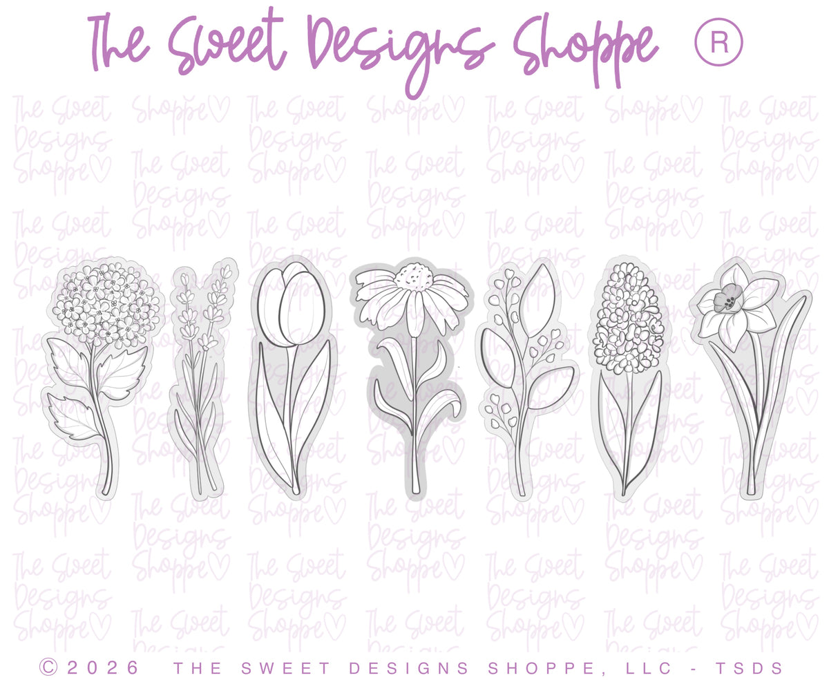 Cookie Cutters - Flowers Long Stem Set - Set of 7 - Cookie Cutters - The Sweet Designs Shoppe - TSDS - - ALL,Cookie Cutter,floral,florals,Flower,Flowers,Leaves and Flowers,MOM,mother,mothers,Mothers Day,Promocode,regular sets,set,sets,STL,Trees Leaves and Flowers