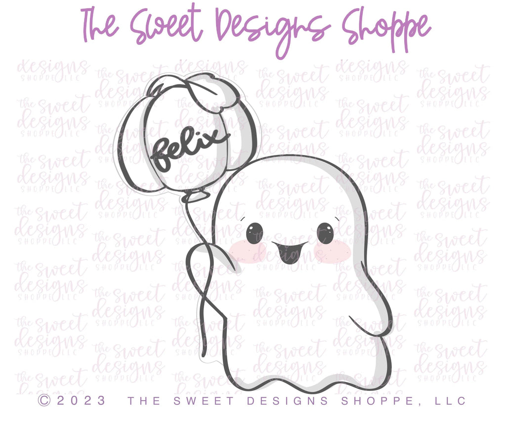Cookie Cutters - Ghost Holding Pumpkin Balloon - Cookie Cutter - Sweet Designs Shoppe - - ALL, Boo, Cookie Cutter, Ghost, halloween, Promocode