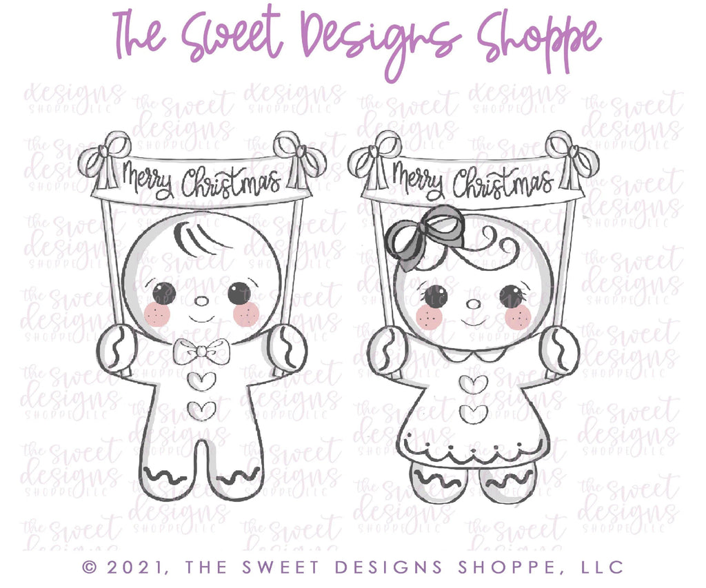 Cookie Cutters - Gingerboy & Gingergirl with Banner Set - 2 Piece Set - Cookie Cutters - The Sweet Designs Shoppe - TSDS - - ALL,Christmas,Christmas / Winter,Cookie Cutter,Ginger boy,Ginger bread,Ginger girl,Ginger set,Gingerboy,Gingerbread,gingerbread man,Gingergirl,Mini Set,Mini Sets,Promocode,regular sets,set,sets