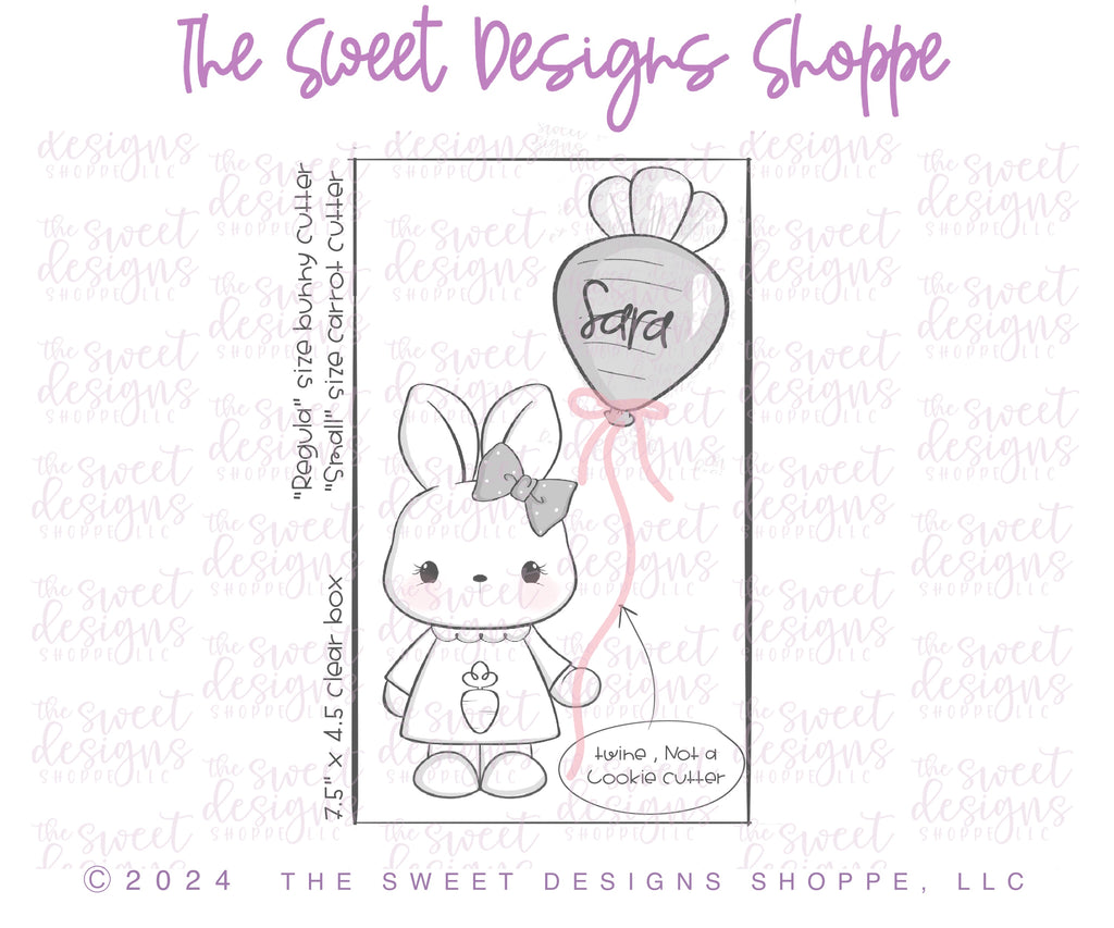 Cookie Cutters - Girly Bunny Holding Balloon & Carrot Balloon Cookie Cutter Set - Set of 2 - Cookie Cutters - The Sweet Designs Shoppe - TSDS - - ALL,Animal,Animals,Cookie Cutter,Coquette,Easter,Easter / Spring,Plaque,Plaques,PLAQUES HANDLETTERING,Promocode,regular sets,set,STL