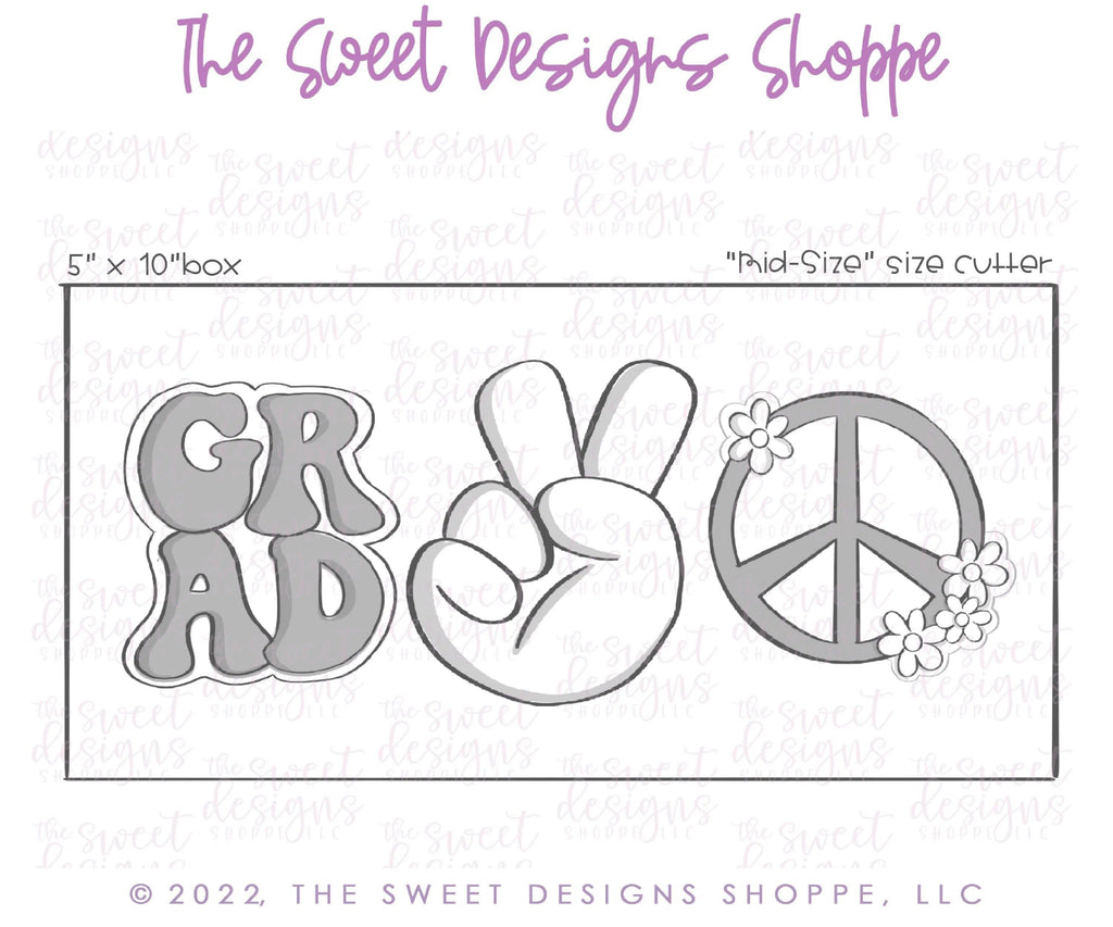 Cookie Cutters - Groovy GRAD and Peace & Love Cookie Cutters - 3 Piece Set - Cookie Cutters - The Sweet Designs Shoppe - - ALL, Cookie Cutter, Grad, Graduation, graduations, Mini Set, Mini Sets, Promocode, regular sets, School / Graduation, set, sets