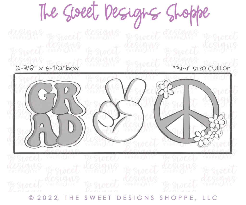 Cookie Cutters - Groovy GRAD and Peace & Love Cookie Cutters - 3 Piece Set - Cookie Cutters - The Sweet Designs Shoppe - - ALL, Cookie Cutter, Grad, Graduation, graduations, Mini Set, Mini Sets, Promocode, regular sets, School / Graduation, set, sets