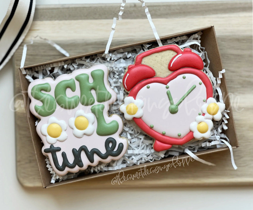 Cookie Cutters - Groovy School Time Plaque and Heart Alarm Clock Set - 2 Piece Set - Cookie Cutters - The Sweet Designs Shoppe - TSDS - - ALL,back to school,Cookie Cutter,groovy,handlettering,Lettering,Mini Set,Mini Sets,Promocode,regular sets,Retro,School,School / Graduation,set,sets,Teacher,Teacher Appreciation,text