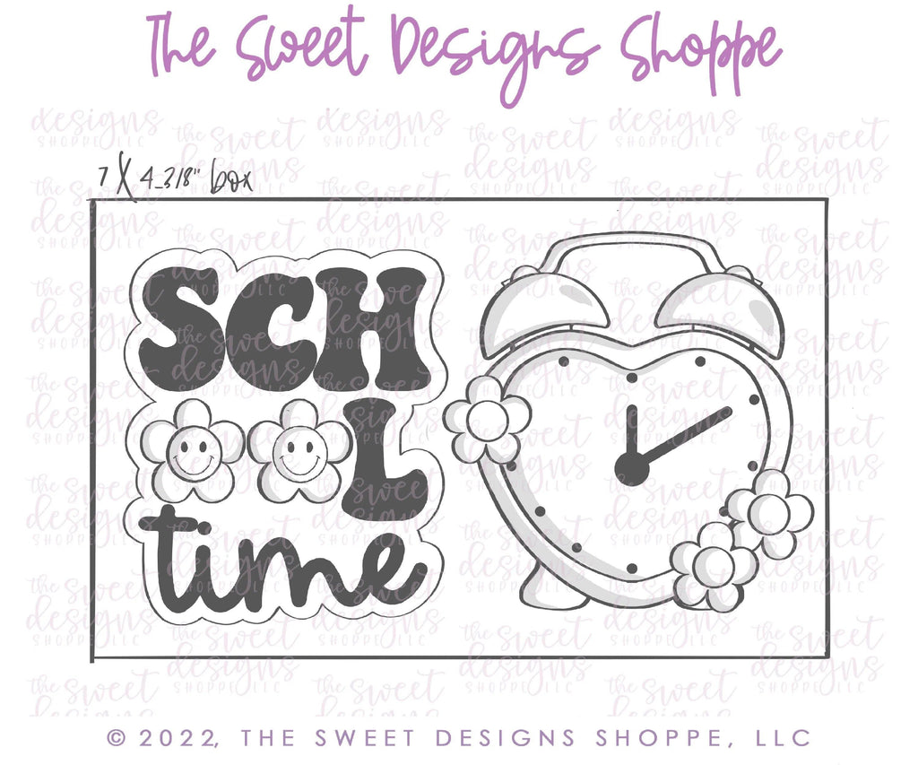 Cookie Cutters - Groovy School Time Plaque and Heart Alarm Clock Set - 2 Piece Set - Cookie Cutters - The Sweet Designs Shoppe - - ALL, back to school, Cookie Cutter, groovy, handlettering, Mini Set, Mini Sets, Promocode, regular sets, Retro, School, School / Graduation, set, sets, Teacher, Teacher Appreciation, text