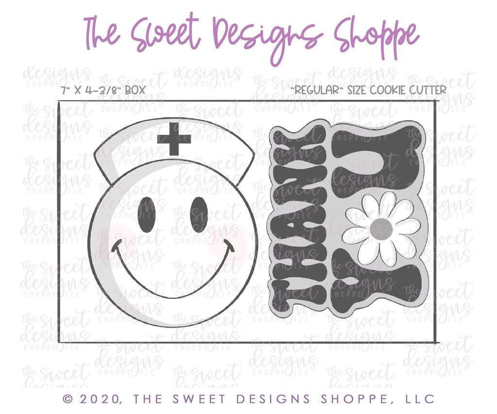 Cookie Cutters - Groovy Thank you Plaque and Nurse Smiley Face Cookie Cutter Set - 2 Piece Set - Cookie Cutters - The Sweet Designs Shoppe - TSDS - - ALL,Cookie Cutter,MEDICAL,Mini Set,Mini Sets,Nurse,Nurse Appreciation,Promocode,regular sets,set,sets