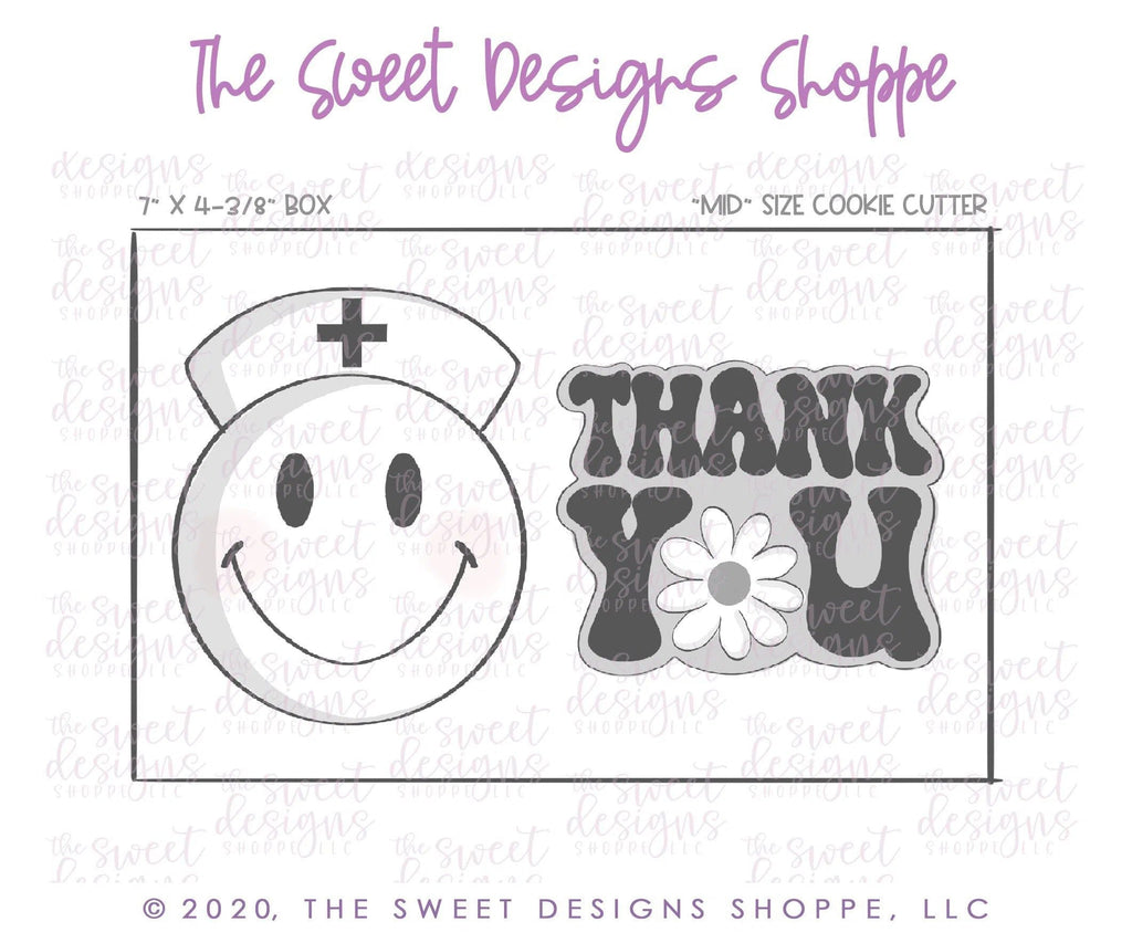 Cookie Cutters - Groovy Thank you Plaque and Nurse Smiley Face Cookie Cutter Set - 2 Piece Set - Cookie Cutters - The Sweet Designs Shoppe - - ALL, Cookie Cutter, MEDICAL, Mini Set, Mini Sets, Nurse, Nurse Appreciation, Promocode, regular sets, set, sets