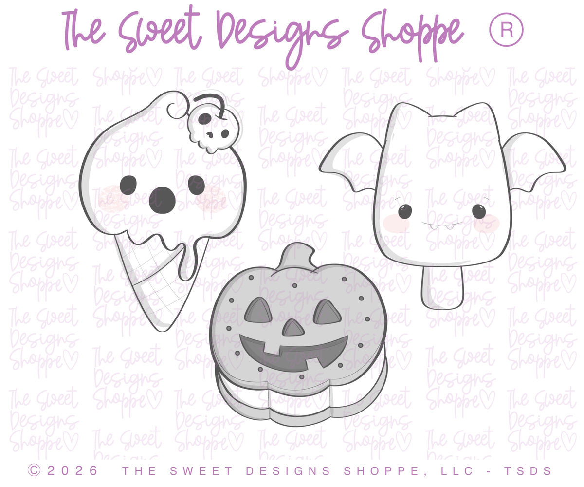 Cookie Cutters - Halloween Ice Cream Treats Set - Set of 3 - Cookie Cutters - The Sweet Designs Shoppe - TSDS - - ALL,bat,Cookie Cutter,halloween,Promocode,Pumpkin,regular sets,set,STL,Sweet,sweet treats